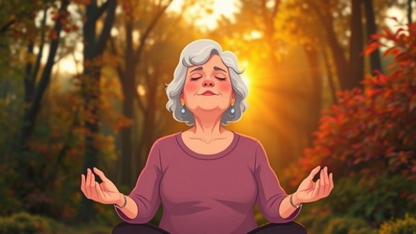 Peaceful older woman meditating in forest at sunrise, spiritual awakening and authentic living.