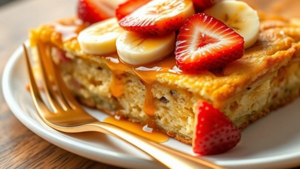 Strawberry banana cottage cheese breakfast bake with fruits and syrup.