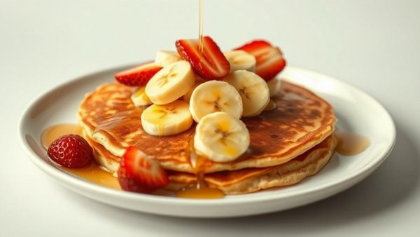 Healthy banana pancake with fruits and honey.