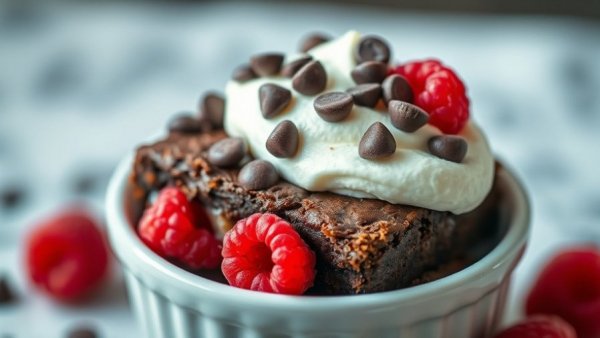 Delicious single serve cottage cheese brownie with toppings in a white ramekin.