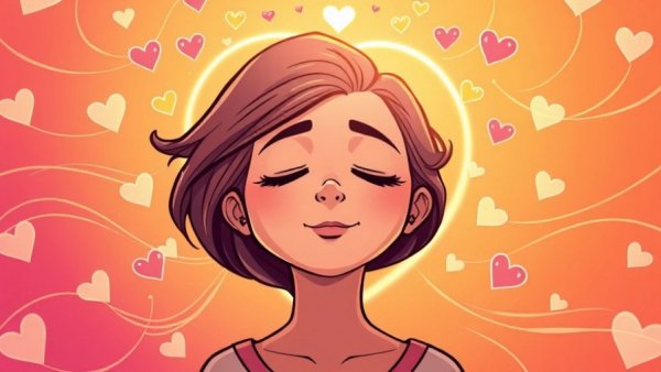 Tranquil woman breaking free from perfectionism with glowing hearts.