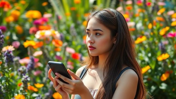 Young woman experiencing anxiety while reflecting on friendships in a garden.