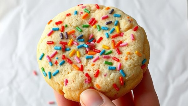 Giant protein sugar cookie with colorful sprinkles in hand.