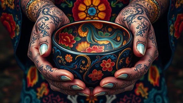 Intricate kintsugi bowl in hands, Beauty in Brokenness theme.