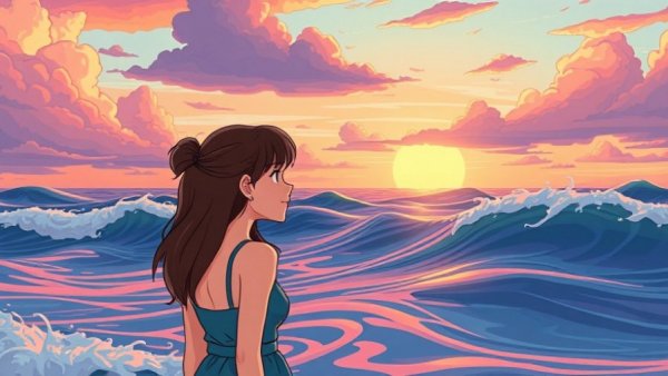 Embracing sadness while traveling, young woman at sunset beach.