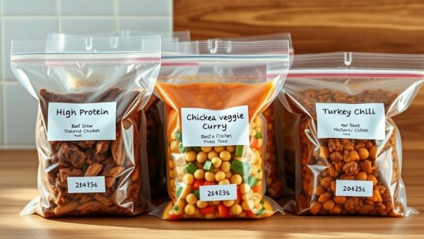High-protein freezer meals neatly stored in labeled bags.