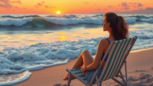 Illustration of woman experiencing post-vacation depression at beach.