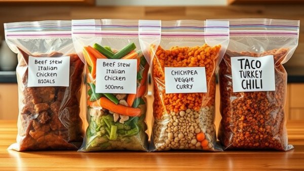 High-protein freezer meals in labeled bags on wooden counter.
