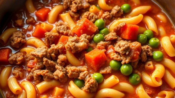 Cottage cheese hamburger helper dish with macaroni and vegetables.