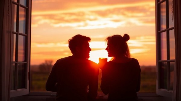 Silhouetted couple enjoying coffee at sunset symbolizing healthy aging and longevity.