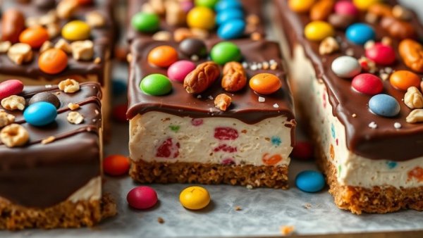 Colorful no bake cottage cheese cheesecake bars with candy and nuts topping.
