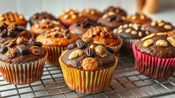 Assorted muffins with toppings on a cooling rack, healthy muffin recipes.