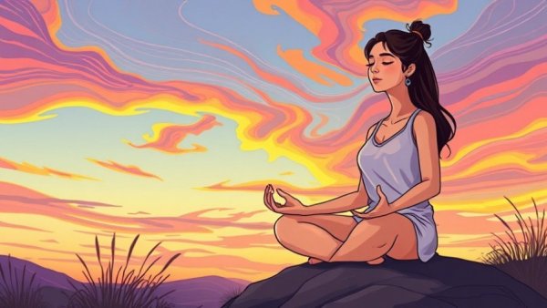 Serene young woman meditating outdoors at sunset, vivid cartoon style.