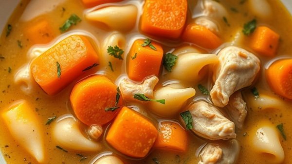 Delicious high-protein creamy chicken soup with carrots and pasta.
