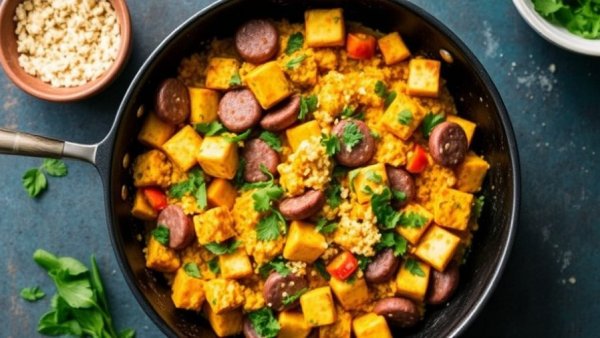 Tofu and Veggie Sausage Scramble With Turmeric