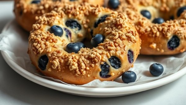 Delicious blueberry crunch protein bagels with golden brown crust.