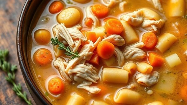 Close-up of high protein creamy chicken soup with vegetables and pasta.