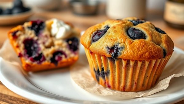 Healthy blueberry muffin with berry cream cheese spread.