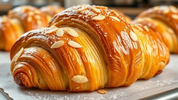 Golden almond croissant cottage cheese pull-apart bread with almonds on top.