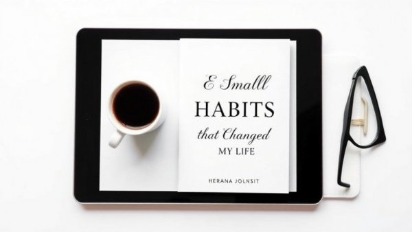 Minimalist eBook cover 'Seven Small Easy Habits' on tablet with coffee and glasses.