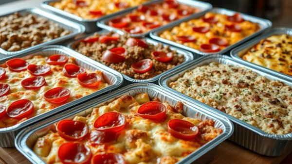 Delicious comforting casseroles in trays, freshly baked.