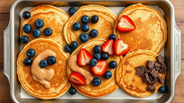 Sheet pan protein pancakes topped with berries, peanut butter, and chocolate.