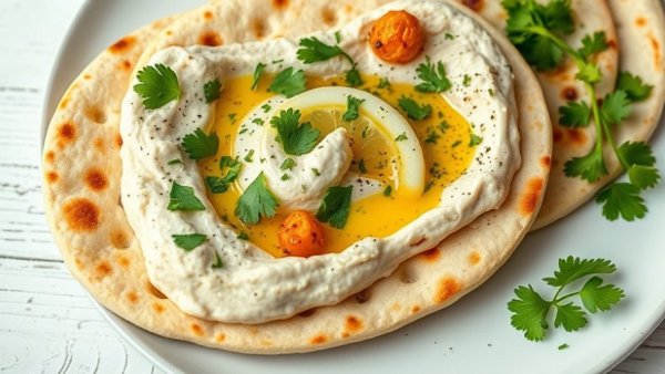 High-protein garlic naan with hummus and cilantro garnish.