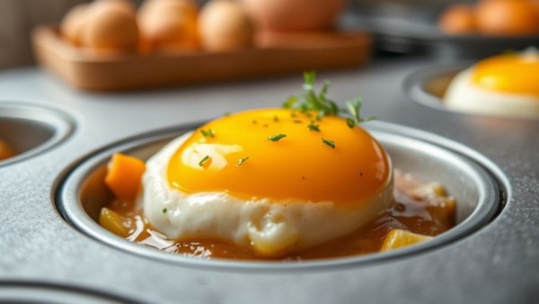 Quick and Easy Baked Eggs: Close-up of a baked egg with chives in a muffin tin.