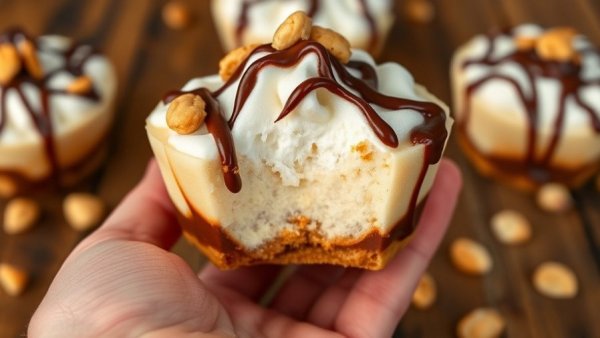 Close-up of frozen peanut butter banana split cups with chocolate and peanuts.