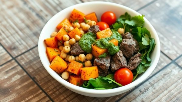 High-protein Trader Joe's recipe bowl with sweet potatoes and greens.