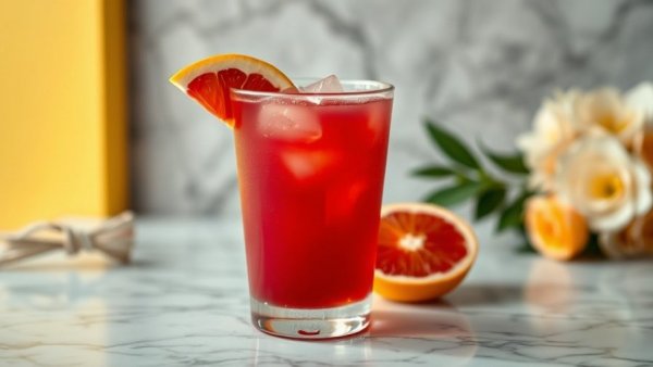 Blood orange margarita with floral garnish on marble surface.