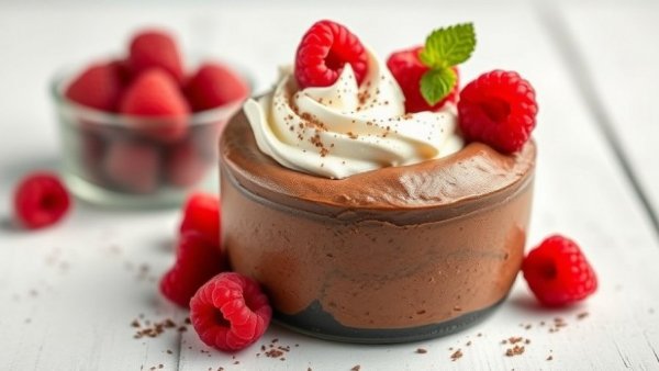 High Protein Chocolate Mousse topped with whipped cream and raspberries.