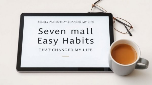 Tablet with book cover 'Seven Small Easy Habits', coffee cup, and glasses.