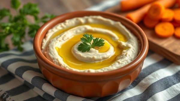 Creamy hummus with olive oil and parsley in a bowl.