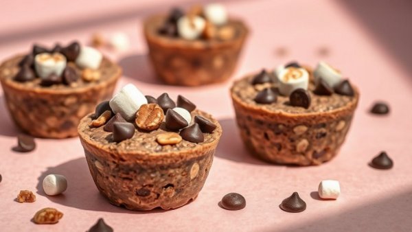 Exploremore Oat Cups topped with chocolate chips and marshmallows on pink.