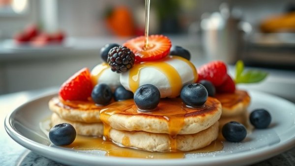 Mini banana Greek yogurt pancakes with berries and honey.