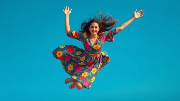 Young woman falling dynamically with presence, colorful background.