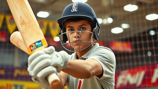 Young cricketer practicing indoors at fully funded cricket academy.