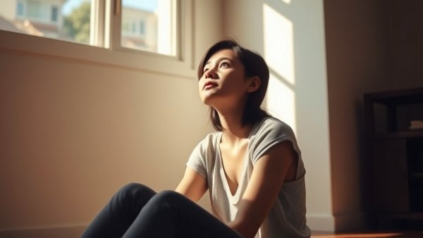 Reflective young woman in sunlight, contemplating vulnerability and healthy aging.