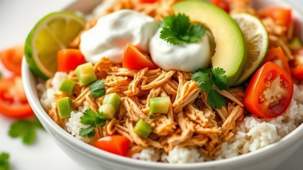 Easy Chicken Tinga Recipe bowl with rice, avocado, and toppings.
