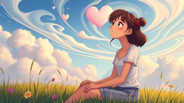 Woman exploring self-compassion under heart-shaped clouds.