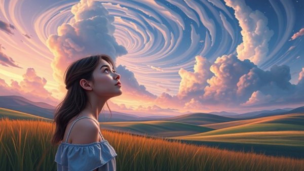 Dreamy young woman in meadow embracing healthy aging.