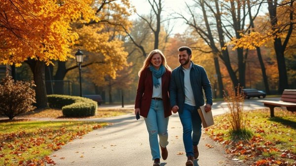 Cheerful couple enjoying a walk in an autumn park, finding true connection in relationships.