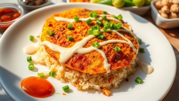 Crispy Fried Rice Omelette with green onions and sauce on a white plate.
