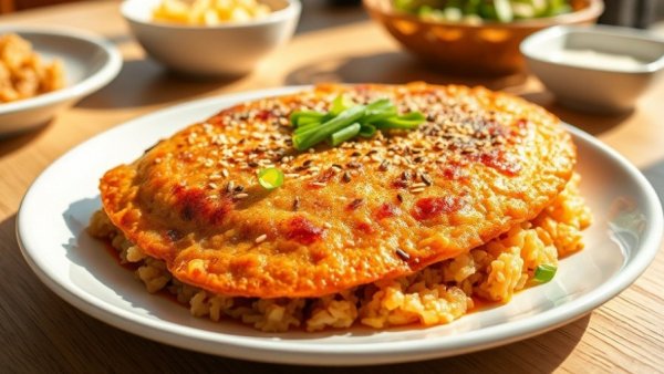 Appetizing crispy fried rice omelette garnished, sunny dining setup.