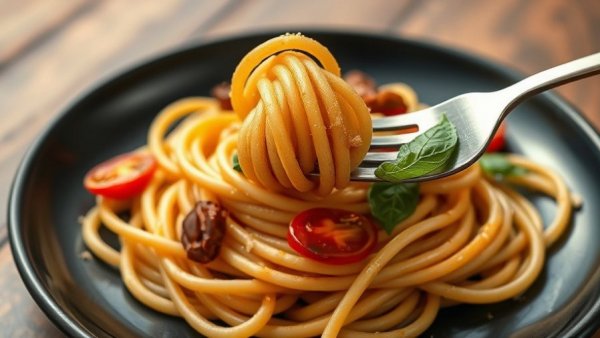 Whole wheat sun-dried tomato basil pasta on a fork.