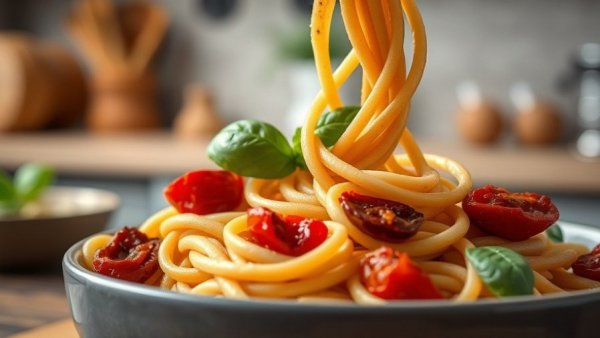 Whole wheat sun-dried tomato basil pasta being twirled, appetizing.