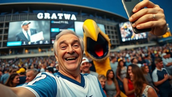 Sport Science Graduates alumni at a stadium with mascot, evening scene.