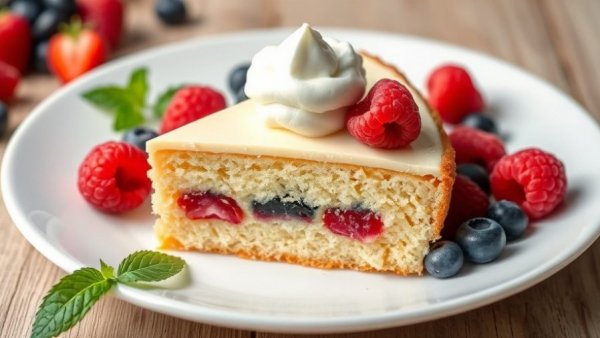 Healthy yogurt cake recipe slice with berries and cream.