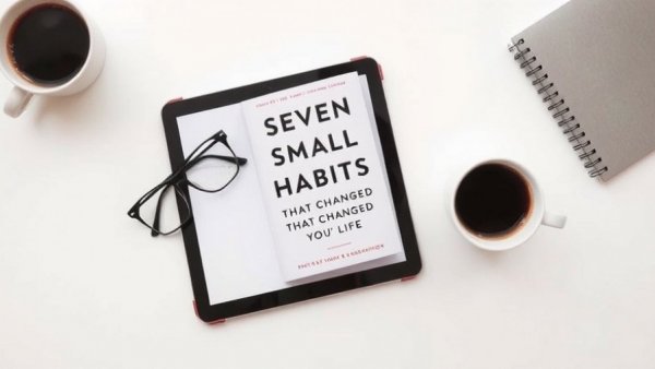 Tablet with book cover on habits, coffee, and glasses.
